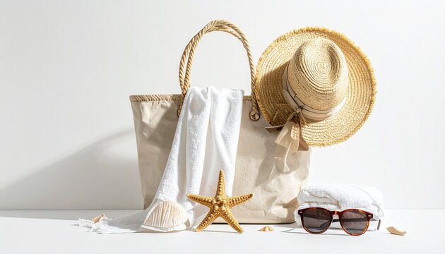 Beach essentials styled for a serene summer escape plain white background