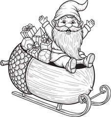 A cheerful cartoon gnome with a long beard riding in a whimsical acorn sleigh full of gifts.
