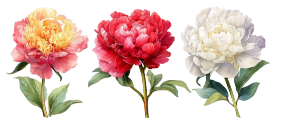 A vibrant arrangement of three peony flowers in varying shades of pink and white, showcasing their lush petals and green stems against a clean background, ideal for botanical illustrations