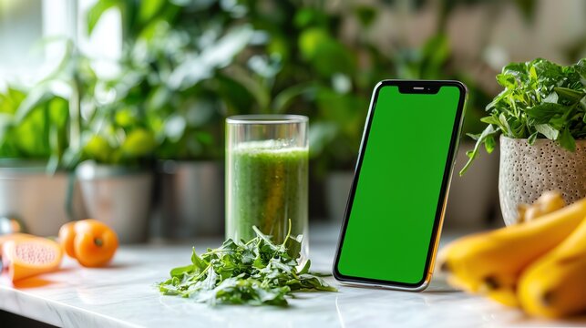 Fresh green smoothie and smartphone on a kitchen counter surrounded by plants