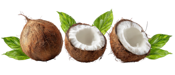 Three coconuts, one whole and two halved, displayed on a white background with green leaves, showcasing their texture and interior, ideal for food-related content