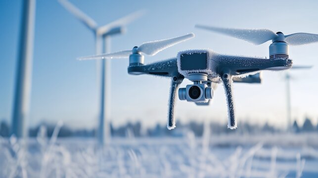 Drone capturing aerial views near wind turbines in winter landscape during bright daylight