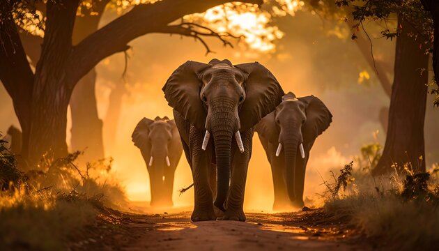 Majestic Elephants Walking Through a Golden African Landscape.