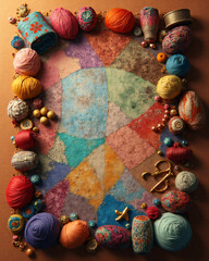 Colorful yarn and fabric background with blank paper for craft design