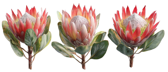 A stunning trio of vibrant protea flowers arranged elegantly with lush green leaves, set against a neutral background, showcasing their unique shapes and colors for floral design inspiration