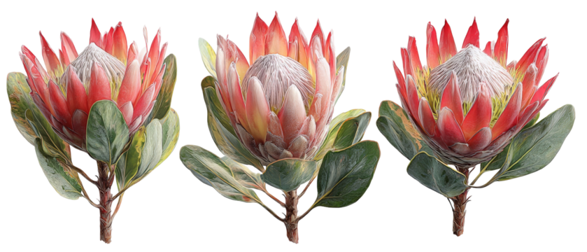 A stunning trio of vibrant protea flowers arranged elegantly with lush green leaves, set against a neutral background, showcasing their unique shapes and colors for floral design inspiration
