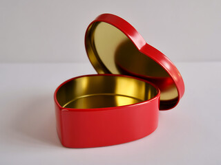 Open Red Heart Shaped Tin Box with Golden Interior on White Background