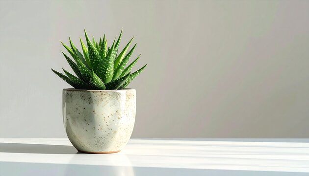 Minimalist Aloe Vera in speckled ceramic pot on clean plain white surface.