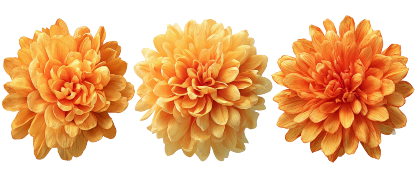 Three vibrant orange flowers arranged closely, showcasing detailed petals and textures against a transparent background, ideal for floral design projects or nature-themed graphics