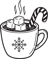 A cozy handdrawn mug of steaming hot chocolate with marshmallows a candy cane and a snowflake design.