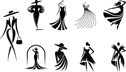 Elegant Fashion Silhouette Collection Featuring Stylish Dresses and Stylish Female Figures