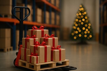 Christmas gifts on warehouse pallet jack stacked with red ribbons in festive logistics environment blurred background with tree warm lights modern e-commerce concept space for text