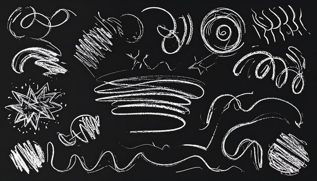 Chalk Scribble Elements on Black Background - Hand-Drawn Vector Set.