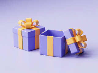 Two Pastel Purple Gift Boxes with Yellow Ribbons on Purple Background