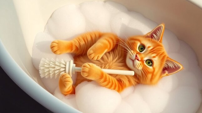 Orange cute tabby cat enjoying a relaxing bubble bath