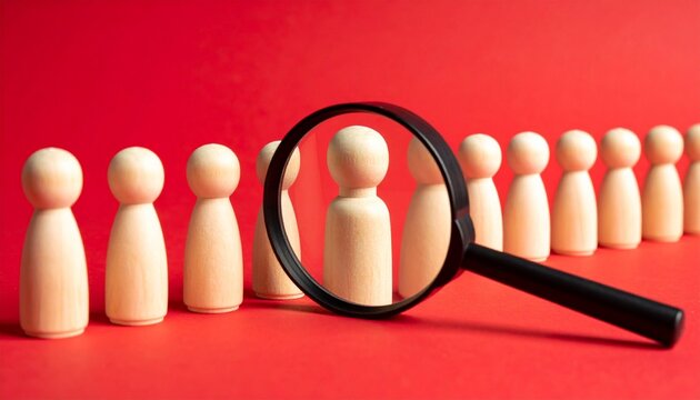 Magnifying glass focusing on wooden figures representing candidate selection on plain red background.