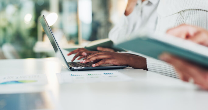 Hands, business and person with laptop in office for data analysis, finance report and profit stats. People, typing and pc with documents, financial infographic and revenue growth for risk assessment