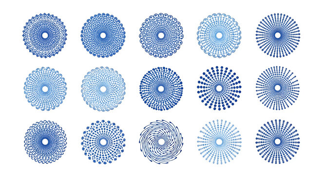 Collection of fifteen blue circular abstract dot and line patterns mandala - Powered by Adobe