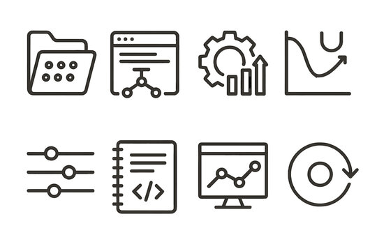 Machine Learning Icons. Machine Learning Development linear icon set: dataset loader icon, model training script, feature engineering tool, loss function graph, hyperparameter