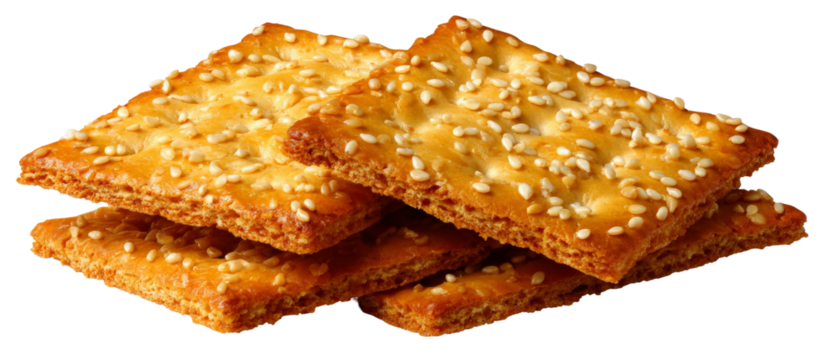 A close-up view of crispy, golden-brown sesame crackers stacked artistically, showcasing their crunchy texture, with a plain background emphasizing their appetizing appearance