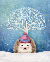 A whimsical illustration of a hedgehog wearing a colorful hat, with a tree growing from its head against a starry night background.