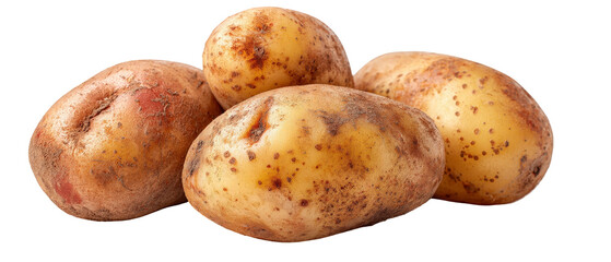 A close-up view of freshly harvested, earthy potatoes stacked together, showcasing their natural textures and colors against a plain background, ideal for food-related content