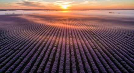 Aerial view of a vast lavender field at sunrise, with rows of purple flowers stretching to the horizon under a misty, golden sky