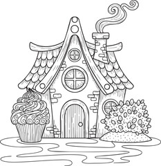 A whimsical fairytale cottage line drawing with a shingled roof brick chimney and a giant cupcake.