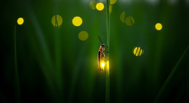 Firefly glowing on a blade of grass at night
