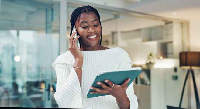 Tablet, business woman and happy with phone call for article info, story interview or questions. Journalist, black person or contact source with tech to confirm schedule, publication feedback or chat