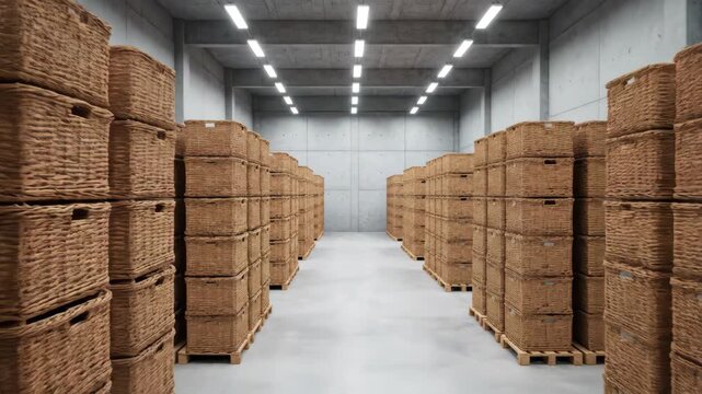 Warehouse storage full of brown boxes on pallets with bright overhead lights