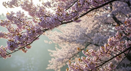 Closeup of blooming cherry tree branches with soft pink flowers and falling petals against a blurred, sunlit background