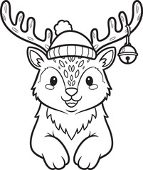 Adorable Cartoon Reindeer with a Winter Hat and Jingle Bell Line Art.