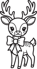 Adorable cartoon reindeer with large antlers and a festive bow a black and white line art illustration.
