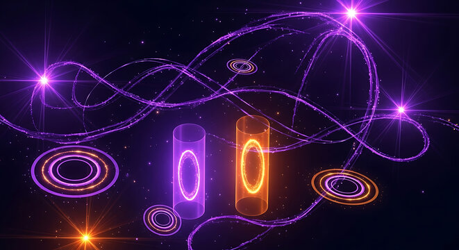 Two glowing cylinders with purple and orange light trails and starry background abstract blue