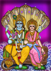 hand drawn digital art of lord vishnu and goddess lakshmi