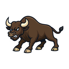 Fierce Cartoon Brown Bull Charging Vector Illustration for Mascots and Logos
