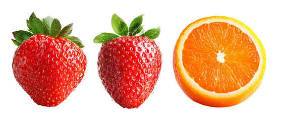 Fresh strawberries and a vibrant orange arranged together, showcasing their natural colors and textures, ideal for promoting healthy eating or fruit-related content