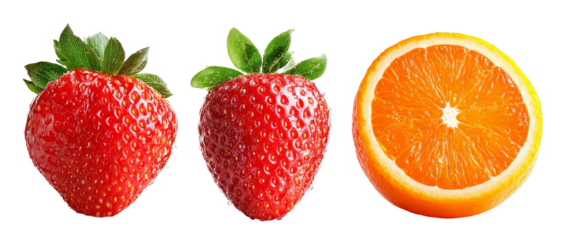 Fresh strawberries and a vibrant orange arranged together, showcasing their natural colors and textures, ideal for promoting healthy eating or fruit-related content