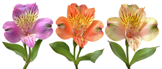 A vibrant display of three blooming alstroemeria flowers in shades of purple, orange, and yellow, set against a clean background, showcasing their intricate patterns and natural beauty