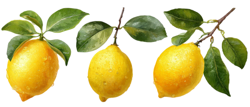 A vibrant arrangement of fresh, juicy lemons with green leaves, showcasing their natural sheen and texture against a clean background, perfect for culinary or health-related themes