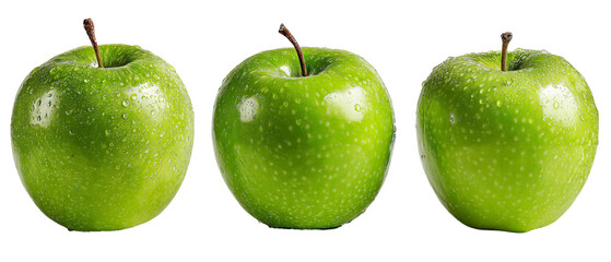 Three fresh green apples lined up against a black background, showcasing their vibrant color and water droplets, ideal for food-related content or healthy lifestyle promotions