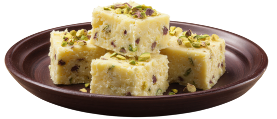 A close-up view of a plate filled with delicious, creamy fudge topped with crushed pistachios, showcasing a rich texture and inviting appearance, perfect for dessert lovers