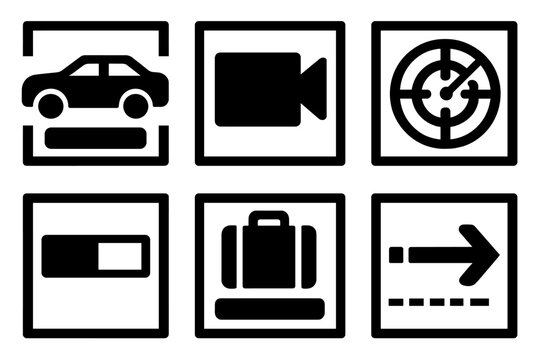 Brutalist Detection Icons. Object Detection silhouette icon set: bounding box around item, classification tag, camera feed, radar overlay, detection confidence bar, tracking arrow.