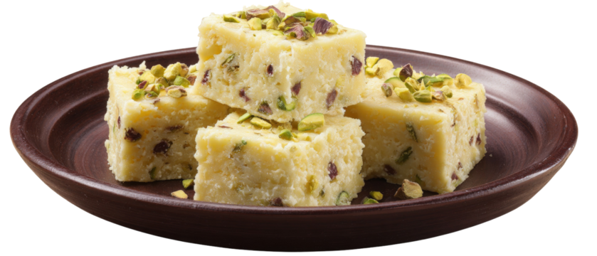 A close-up view of a plate filled with delicious, creamy fudge topped with crushed pistachios, showcasing a rich texture and inviting appearance, perfect for dessert lovers