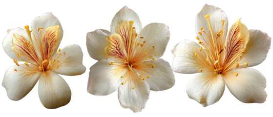A close-up view of three delicate, blooming flowers showcasing soft white petals with yellow and orange accents, set against a neutral background, ideal for nature-themed projects