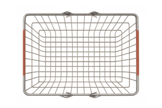 Empty shopping basket with red handles, top view, metal wire grid for retail, grocery, supermarket on transparent background - Powered by Adobe