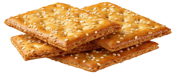 A close-up view of golden-brown sesame crackers stacked neatly, showcasing their crispy texture and sprinkled sesame seeds, ideal for snack time or culinary presentations