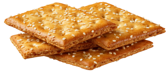 A close-up view of golden-brown sesame crackers stacked neatly, showcasing their crispy texture and sprinkled sesame seeds, ideal for snack time or culinary presentations