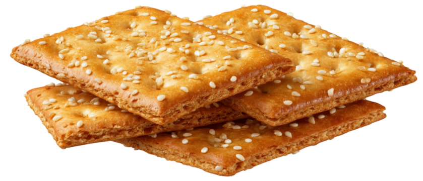 A close-up view of golden-brown sesame crackers stacked neatly, showcasing their crispy texture and sprinkled sesame seeds, ideal for snack time or culinary presentations